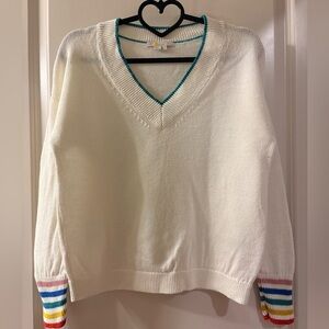 Boden Women’s Ivory V-Neck Knit Pullover Sweater with Rainbow Cuffs. Size US 8